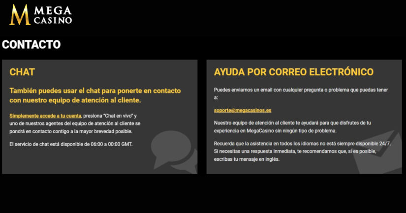 atención al cliente en Mega casino