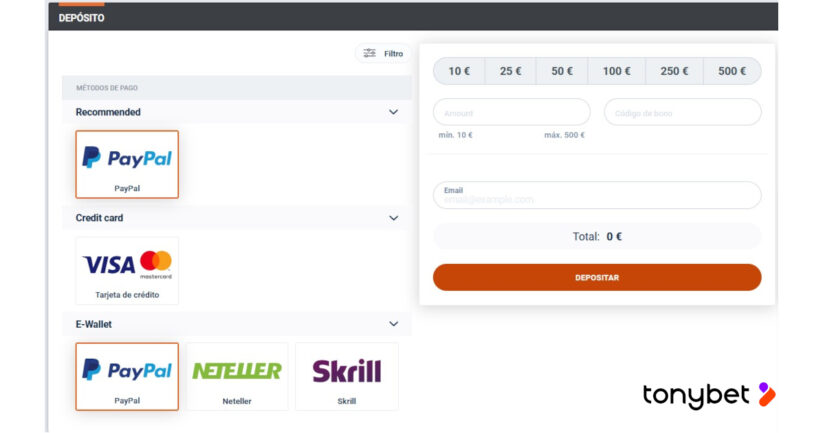 deposito en Tonybet via PayPal