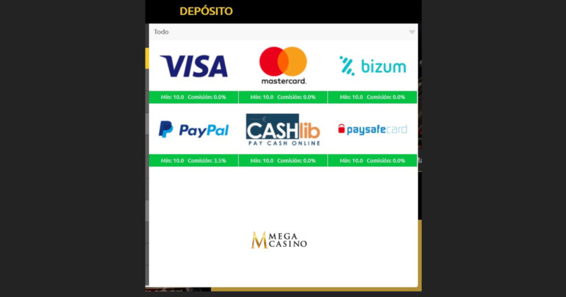 metodos de depósito en Megacasino
