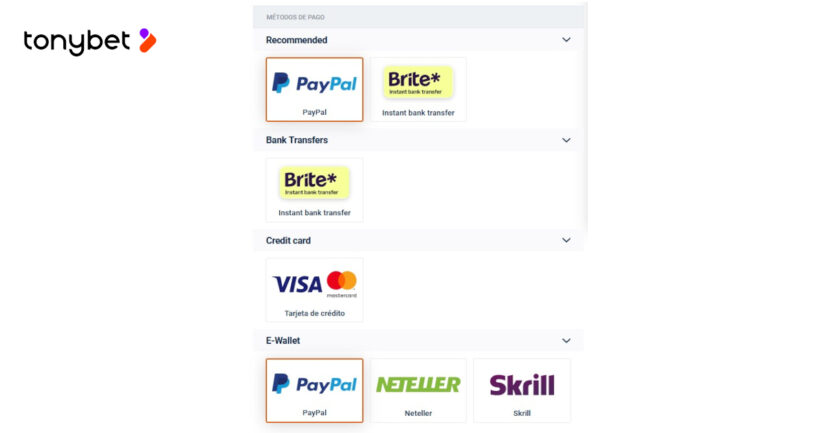 seccion de cajero de un casino online con PayPal