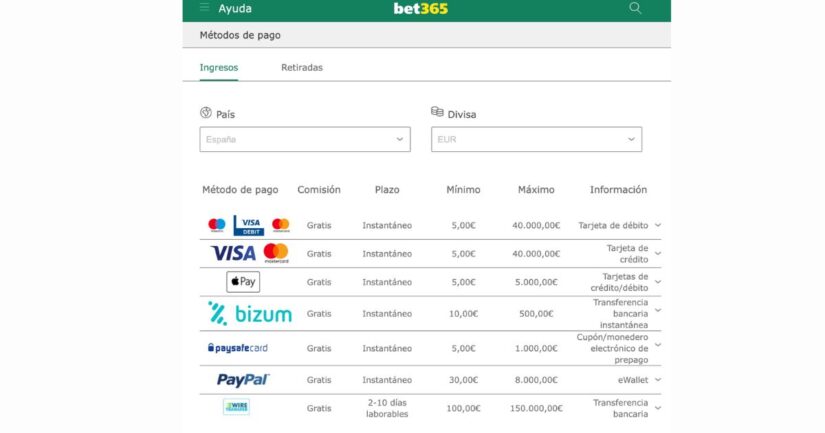bet365 metodos de pago