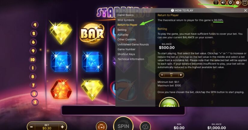  Pantalla de información del juego starburst con el RTP 96% destacado