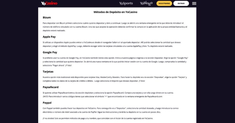 métodos de pago en YoCasino