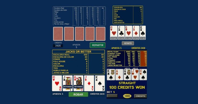 secuencia en video poker de reparto, selección y cobro