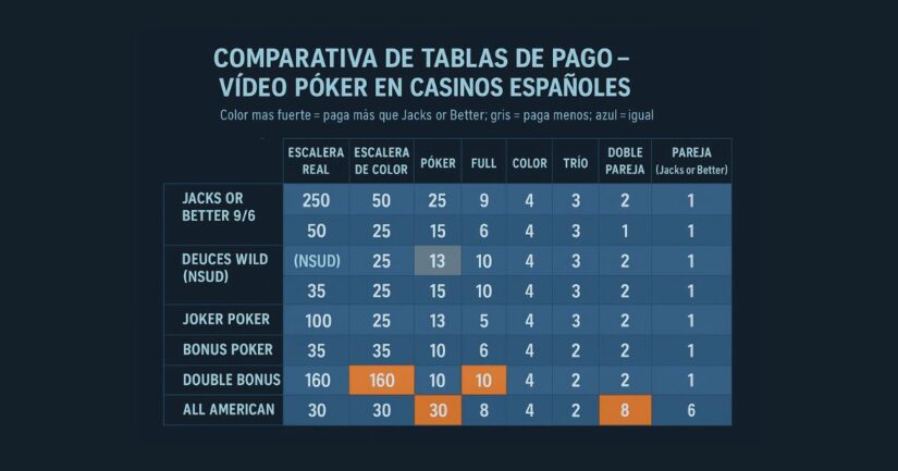 tabla comparativa de las distintas variantes de video poker en casinos