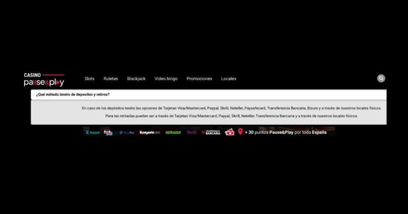 métodos de pago disponibles en el casino Pause and Play