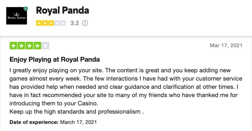 Positive player review about Royal Panda Casino