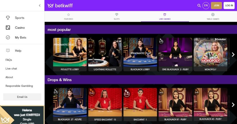 Live casino games at Betkwiff Casino