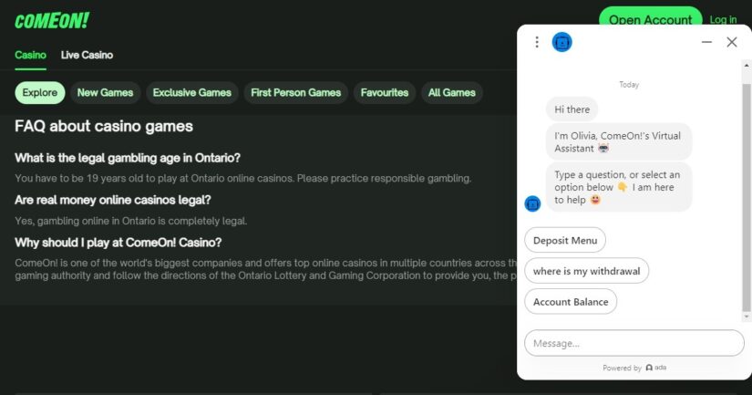 Customer help and support at ComeOn Casino Ontario